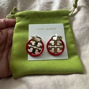 Tory Burch Red and Gold Logo Earrings